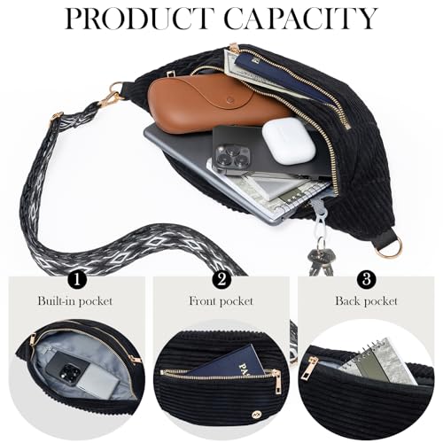 Image of MAXTOP Black Crossbody Bags for Women Corduroy Fanny Packs for Women Vintage Sling Waist Bag with Geometric Wide Strap Fashion Shoulder Bag Lightweight Belt Bag for Travel Casual Outdoors
