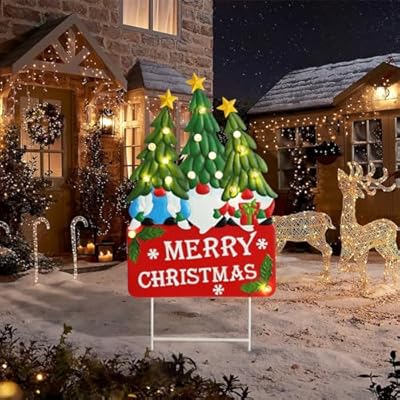 Afirst Christmas Yard Stakes Light Up Yard Decorations with LED Gnomes Santa Trees Metal Lighted Stakes Merry Christmas Sign Outdoor Garden Stake Lawn Pathway Outdoor Decoration