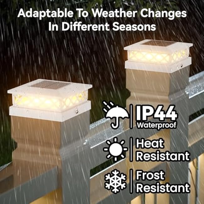 Solar Post Light 4 Packs with 4x4, 5x5 and 6x6 Inches Base for Vinyl/Wooden Posts, Bright 16 LEDs Solar Cap Lights with Two Light Modes for Decorating Deck, Patio, Porch, Fence (White)