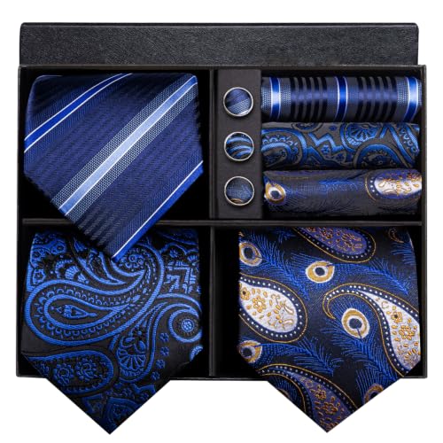Image of Hi-Tie 3 Pcs Gift Box Mens Tie Set Necktie with Pocket Square Cufflinks Lapel Pin Silk Neck Tie Collection