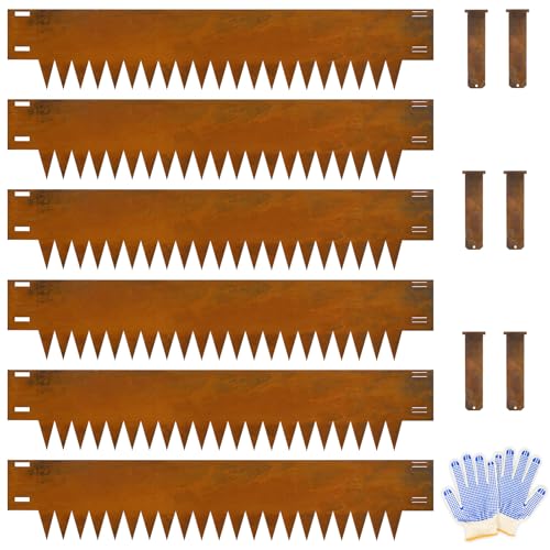 Ganeekiron Co rten Steel Landscape Edging 10 Inch Tall 6 Packs, Pre-Rusted Metal Garden Edging with 6 Clips and a Pair of Gloves, Steel Edging for Landscaping, Garden