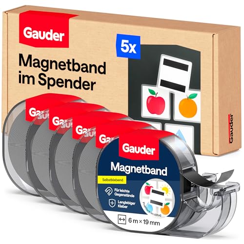 GAUDER Magnetband im Spender - Selbstklebender Magnetstreifen für leichte Gegenstände - Zuschneidbare Magnetbandrolle zum Befestigen von Postkarten & Fotos auf Metallflächen (5 Stück je 6 m x 19 mm)