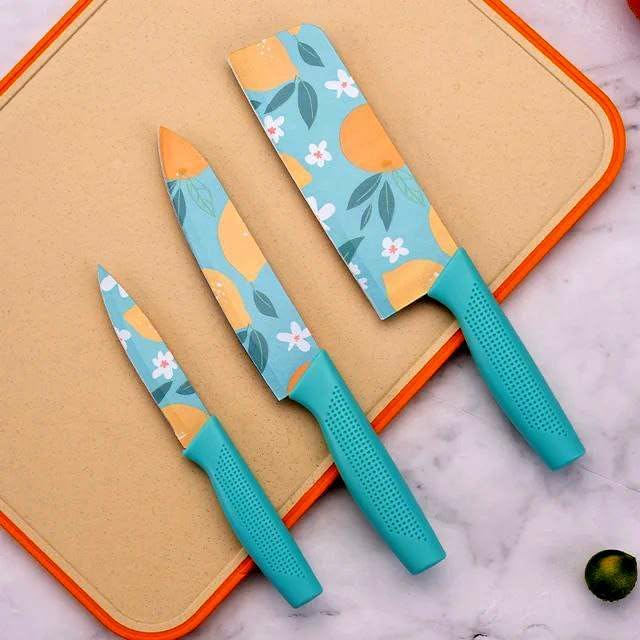 Image of 3 Piece Stainless Steel Professional Kitchen Knife Set /Meat Knife /Chef Knife with Non-Slip Handle Sharp Manual Sharpening for Home Kitchen, High Carbon Stainless Steel Knife Set (Blue)