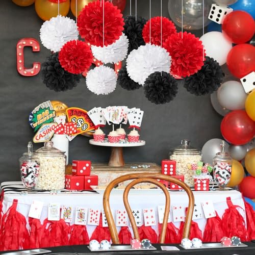 Image of 18 PCS Tissue Paper Pom Poms, Tissue Paper Flowers, Sizes of 6 inch, 10 inch, 12 inch, 14 inch Bachelorette Paper Flower Party Decor for Wedding, Birthday, Fiesta Stranger, Baby Showers (Black Red White)