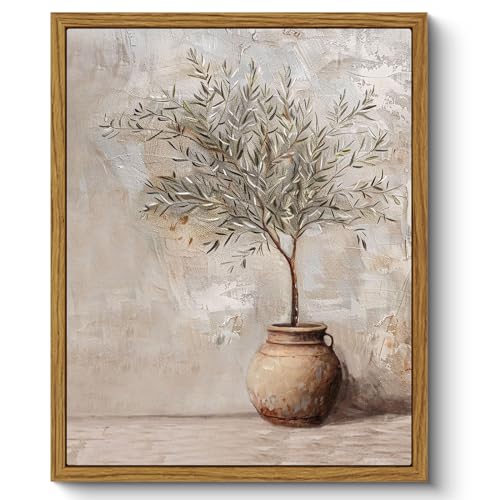 ARPEOTCY Vintage Framed Botanical Wall Art, Bedroom Bathroom Rustic Farmhouse Art Decor, Olive Tree in Vessel Canvas Print Retro Paintings, Home Neutral Antique Decor, 8x10 Inch
