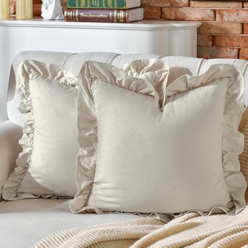 AmHoo Pack of 2 Throw Pillow Covers 100% Cotton Pre Washed Ruffle Decorative Pillowcase Cushion for Couch Sofa Bedroom 24 x 24-Inch Beige
