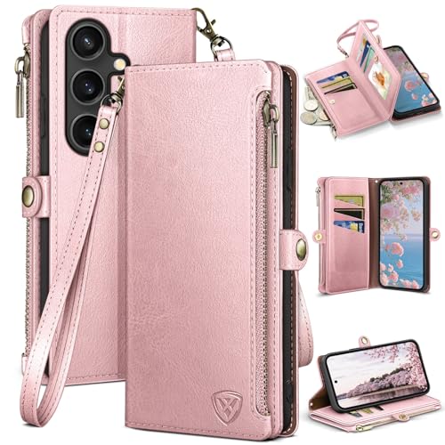 Image of XcaseBar Compatible with Samsung Galaxy S25 Wallet case with Zipper Credit Card Holder【RFID Blocking】,Flip Folio Book PU Leather Phone case Shockproof Cover Women Men for Samsung S25 case Rose Gold