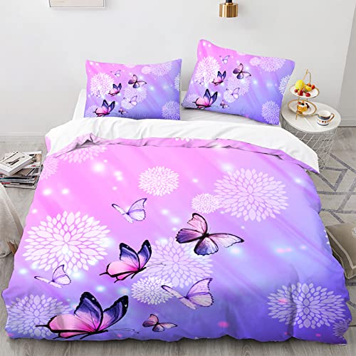 Faiiuerk Girly Butterfly Queen Size Duvet Cover Set Butterflies Purple And Pink Printed Bedding Set(1 Duvet Cover + 2 Pillow Cases) #TOP2