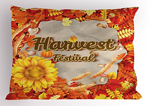 Ambesonne Harvest Pillow Sham, Harvest Festival Poster Design with Vibrant Autumn Leaves and Sunflower, Decorative Standard Queen Size Printed Pillowcase, 30