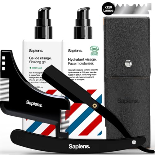 Sapiens Barbershop Navaja de Afeitar Hombre - Cuchilla de Afeitar para Barba con 20 Hojas de Afeitar Simples Derby y Funda Protectora - Navaja de Barbero (Kit de Afeitado)
