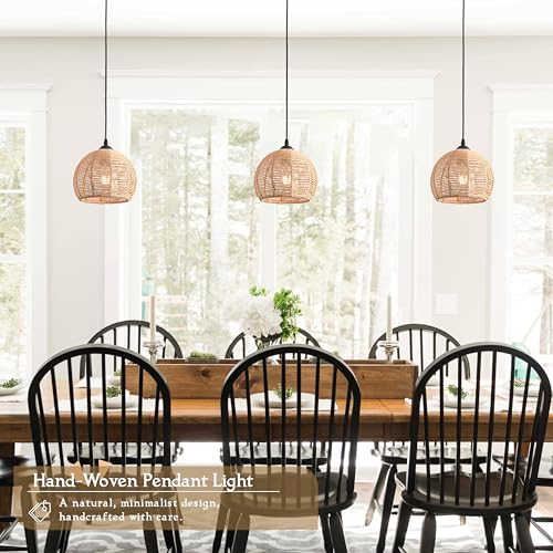 AyshwillDec 3 Pack Wicker Pendant Light Natural Woven Pendant Light Boho Chandelier Light Fixture Dome Rustic Farmhouse Pendant Lights Rattan Light Fixture for Dining Room Kitchen Island (Bulb Incl.) - Image 6