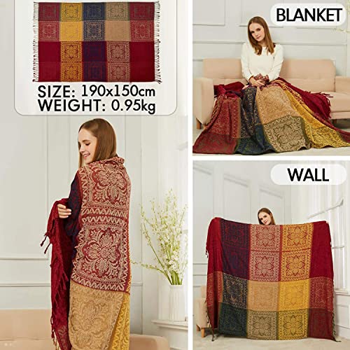 Captainray Bohemian Tribal Throws Blankets Reversible Colorful Red Blue Boho Hippie Chenille Jacquard Fabric Throw Covers Large Couch Furniture Sofa Chair Loveseat Recliner Oversized (Red, S:75X60) #TOP2