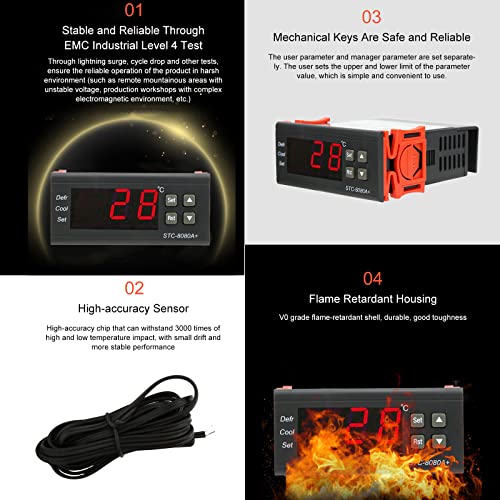 Temperature Controller 10A/220Vac Stc-8080A+ Digital Thermostat Refrigerating Defrosting Temperature Alarm Cooling Heating Modes, -50°C-99°C #TOP4
