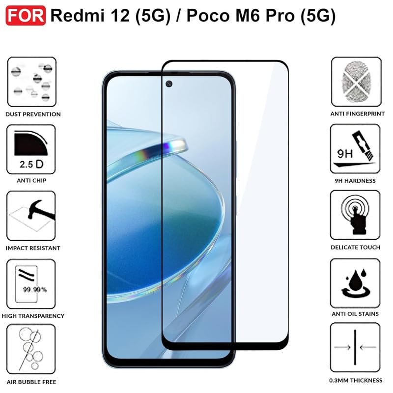 Image of Edge To Edge Tempered Glass For Redmi 12 5G / Redmi 12 / Poco m6 proWith Easy Self Installation Kit