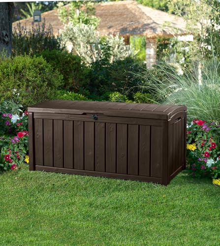 Dmora - Baúl de almacenamiento Exterior Ruffia, Cofre de jardín, Banco con almacenaje, Arcón para exteriores, 128x65 h61 cm, Marrón