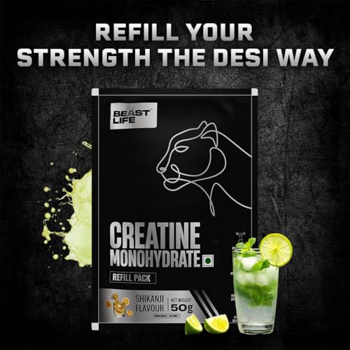 Image of BEASTLIFE Super Micronized Creatine Monohydrate Powder 50g Refill Pack | 13 Servings Shikanji Flavor | NABL Lab Tested | Premium Sports Nutrition for Strength & Performance