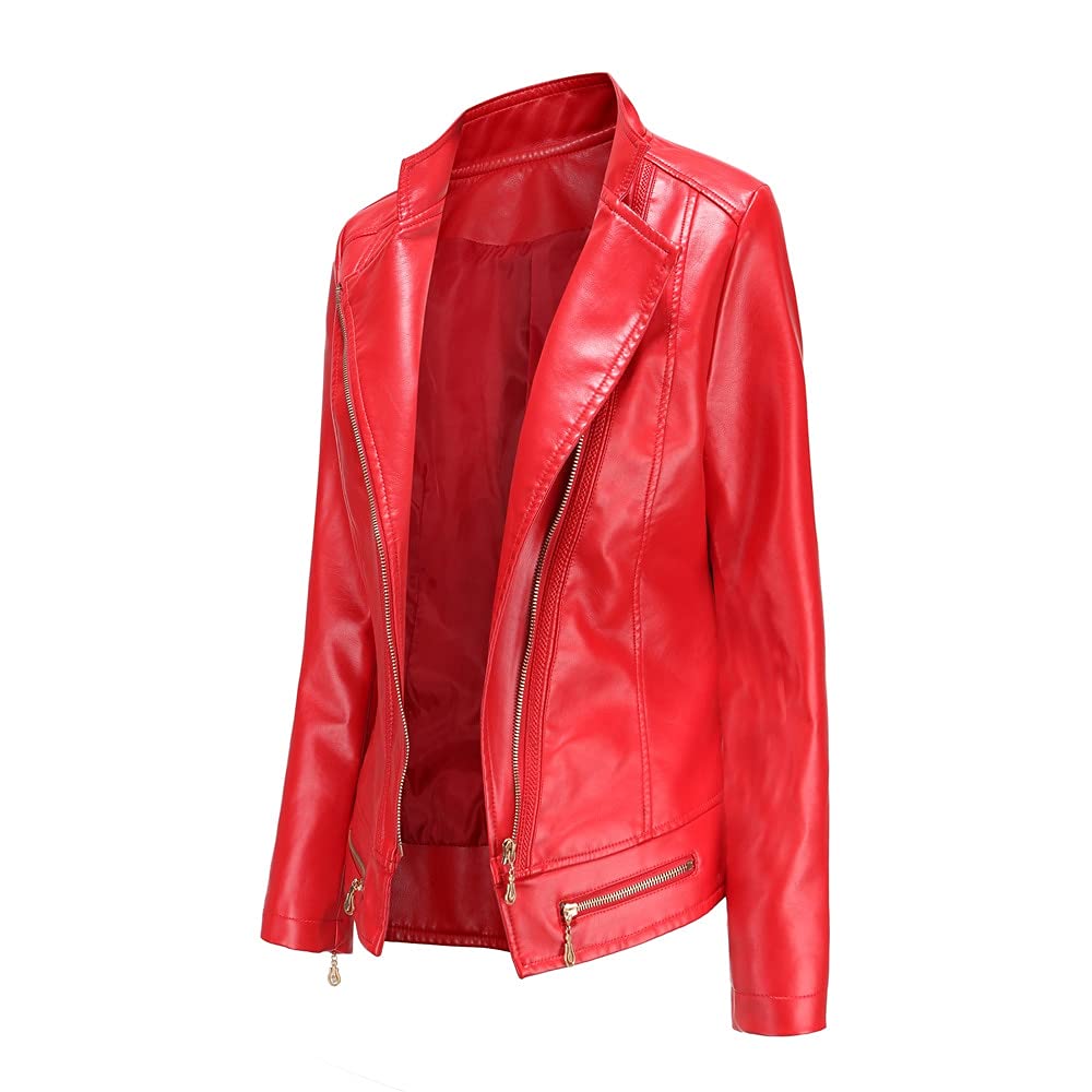 Primavera Otoño Cuello De Giro Dama Faux Chaquetas De Cuero Mujeres Solid A Motor Solid (Color : Black, Size : Small)