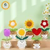 AicooFest Teacher Appreciation Gifts 6PCS Thank You Gifts for Mom Women, Positive Crochet Flowers Sunflower Bluk, Thank You for Being Awesome Make Difference, Handmade Unique Affirmation Gift