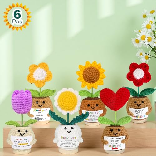 AicooFest Teacher Appreciation Gifts 6PCS Thank You Gifts for Mom Women, Positive Crochet Flowers Sunflower Bluk, Thank You for Being Awesome Make Difference, Handmade Unique Affirmation Gift