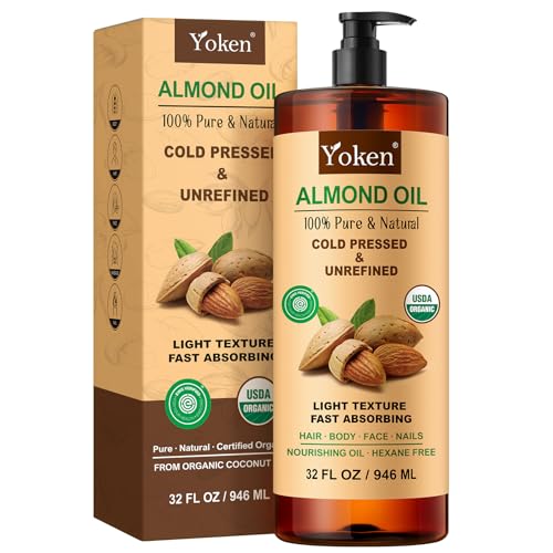 Yoken Organic Almond Oil 32 oz, Cold Pressed Carrier Oil for Skin &amp; Hair