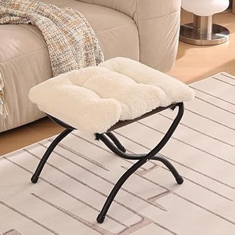 Welnow Folding Foot Stool, Upholstered Small Accent Ottoman with Detachable Thick Cotton Cushion Padded Sofa Stool and Metal Frame for Lazy Chair, Living Room, Bedroom, Plush Beige Cover