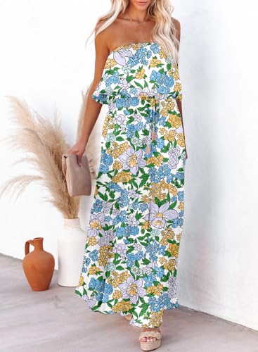 Image of Dokotoo Womens Strapless Dresses Casual Summer High Waist Side Split Flowy Boho Maxi Dress