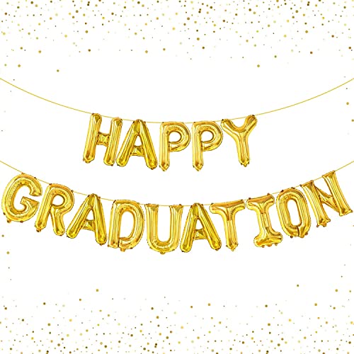 Image of Atpata Funky Happy Graduation Golden Letter Foil Balloons Banner Set for Convocation - Shiny Gold 16-Inch Letters - Durable Material, Easy Inflation, Versatile Grad Party Decoration