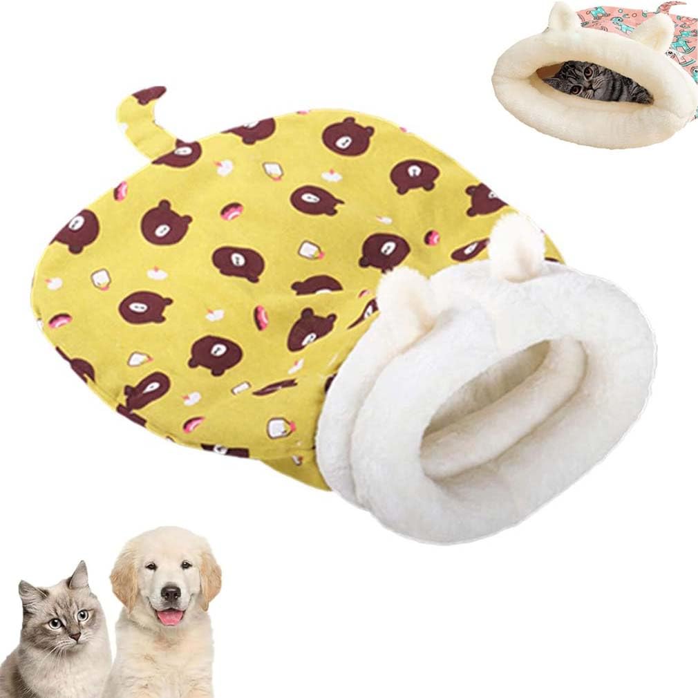 Cozy Pet Nest for Cats and Dogs, Cat Dog Sleeping Bag for Indoor, 2 Sizes Soft Plush Feline Bed, Cute Cartoon Pocket Cat Nest Bag, 360° Wrap, Self-Warming Pet Nest for Cats Small Dogs (C, L)