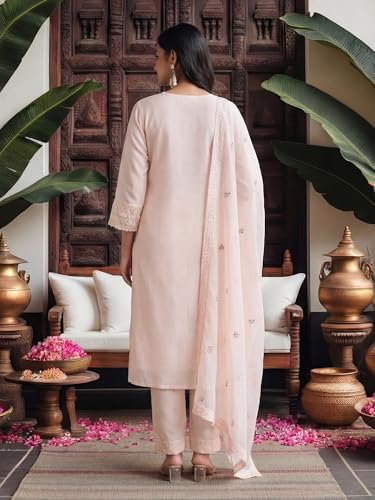 Image of INDO ERA Women's Floral Embroidered Straight Pure Cotton Kurta Pant with Dupatta Set