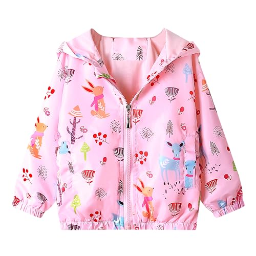 JinBei Mantel Jacken Mädchen Jacke Kinder Kapuzen Sweatjacke Kapuzenjacke Rosa Elch Cartoons Blatt Winddicht Windjacke Übergangsjack Frühling Herbst Outwear Softshelljacke 3-4 Jahre