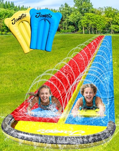 JAMBO 22.5ft Double Lane Slip Splash and Slide with 2 Bodyboards with Built in Sprinkler for Backyard Outdoor Water Fun for Kids