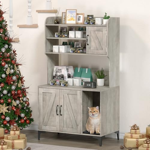 GOCAPTAIN Cat Litter Box Furniture,Hidden Cat Box Enclosure with Shelf Storage, Wood Sturdy Cat Washroom Storage, Indoor Cat House Furniture, Grey