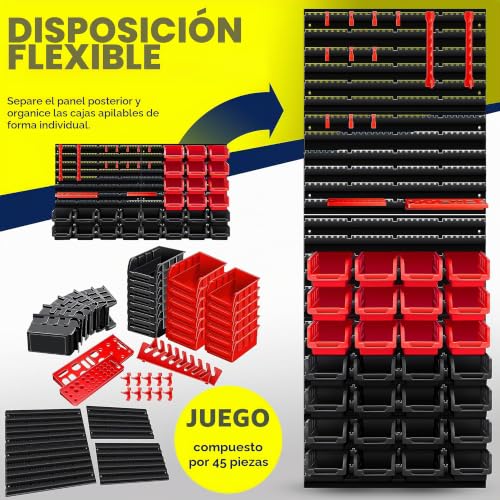 Miniatura 6 de Masko Estantería De Pared Cajas Apilables Portaherramientas De 45 Piezas, Ampliable, Estantería De Taller, Estantería De Almacenamiento, Juego De Cajas De Almacenamiento, Caja De Almacenamiento