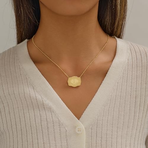 Belt Buckle Necklace With Initial For Women, 18k Gold Plated Mini Embossed Letter Pendant Western Charm Gift Jewelry2