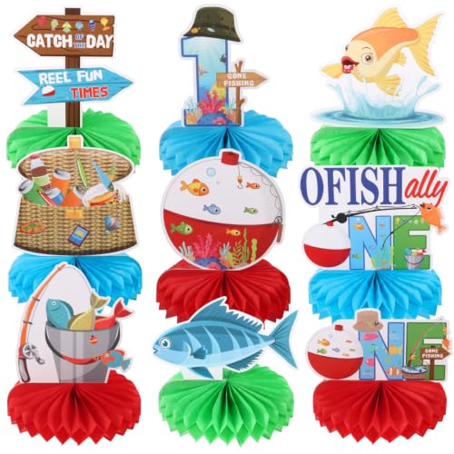Image of 9pcs Ofishally One Table Centerpieces for First Birthday Party Decorations Gone Fishing Honeycomb Centerpieces for Boys 1st Birthday Table Topper Sign Decors O Fishally Baby Shower Party Supplies