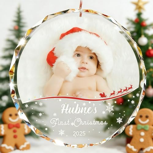 Bemaystar Baby First Christmas Ornaments 2025–Personalized Crystal Ornaments with Photo and Name–Custom Newborn Keepsake Gift–Christmas Tree Decoration for Baby Girl Boy