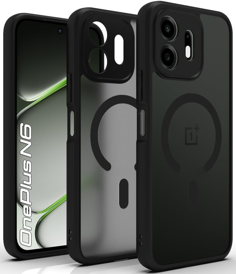 Image of RIGGEAR Shockproof Sleek Hybrid Armor Magnetic Back Cover Case Compatible with MagSafe Accessories for OnePlus N6 5G (Smoke Black Matte PC + Black TPU Bumper)