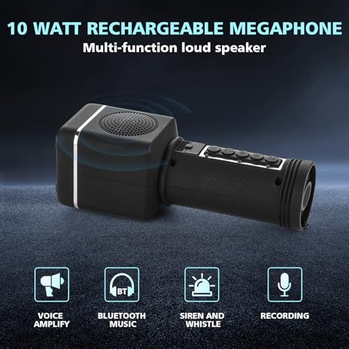 UZOCHI Rechargeable Megaphone Bullhorn, Portable Bluetooth Loud Speaker with Built-in Siren and Recording, 3 LED Modes, Design for Outdoors, Camping, Rescue