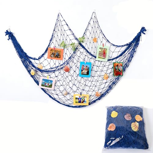 ALMLWIAJ Filet de pêche nautique décoratif - Décoration murale - Photo murale pour fête méditerranéenne - Bleu avec coquillages