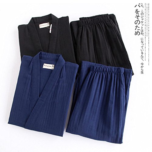 Men's Japanese Style Double Gauze Cotton Kimono Pajamas Suit Dressing Gown Set[Black,L]3