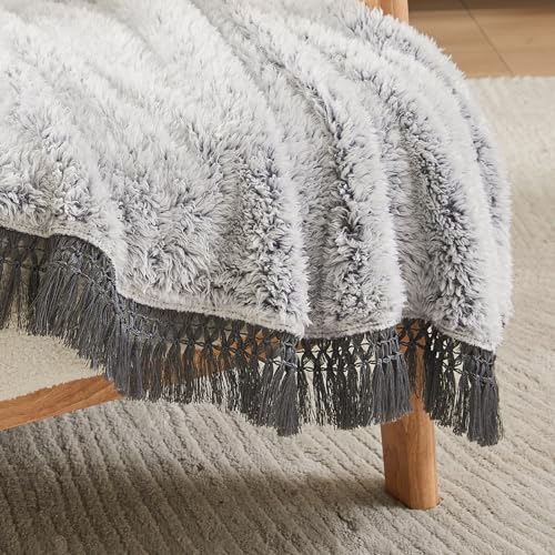 Image of EMME Soft Sherpa Fleece Blanket with Tassel, Reversible Plush Fluffy Large Blanket, Light Weight Warm Decorative Boho Blanket Cover for Sofa, Couch, Bedroom,Travel(Tassel Grey,90 inchx90 inch)
