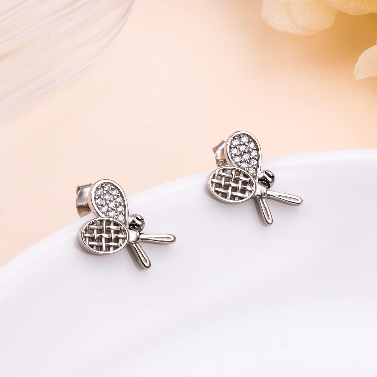 S925 Sterling Silver Tennis Racket and Ball Sport Cubic Zirconia CZ Stud Earrings Jewelry Gifts for Women Tennis lover - Image 3