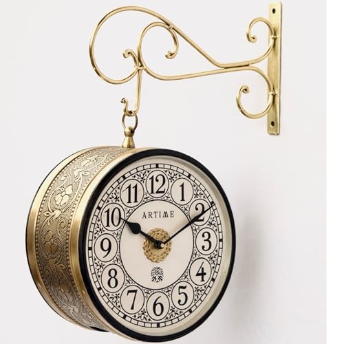 Image of Handcrafted Double Side Metal Analog Vintage Wall Clock | 1.5 Year Machine Warranty | 10 INCHES | 1 Side Number 1 Side Roman,Color Golden