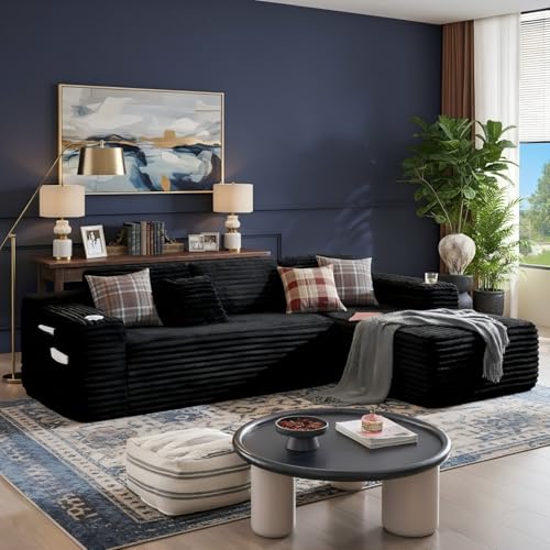 Image of Cloud Sofa Sectional Couch with L-Shape Chaise, Modern Corduroy Boneless Modular Sofa with Cup Holder for Living Room and Apartment, Deep Seat Floor Couch No Assembly (Black, Right Facing Chaise)