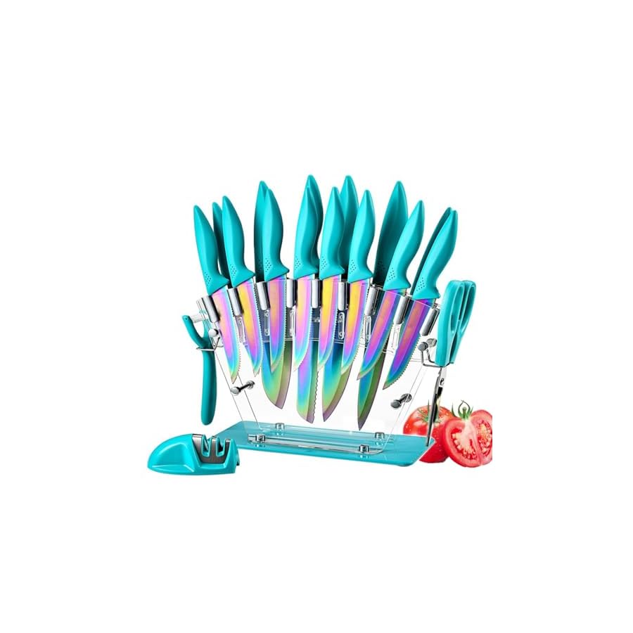 Knife Set 18 Pcs Stainless Steel Knives Set with Acrylic Storage Block Sharpener Sharp Cutlery Kitchen Knife Block Set Chef Cooking Cutting Knives Teal Turquoise Blue