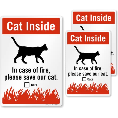 SmartSign (Pack of 3) Cat Inside - in Case of Fire Please Save Our Cat Pet Rescue Label Set One 3.75x5.5 & Two 2.75x4 - Engineer Grade Reflective Decals Red Black and White Made in USA
