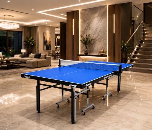 Image of GYMNCO Practice Full Size Table Tennis Table with Wheel & Laminated Top, Table Cover, 2 Tt Racket & Balls, Blue (17 MM)