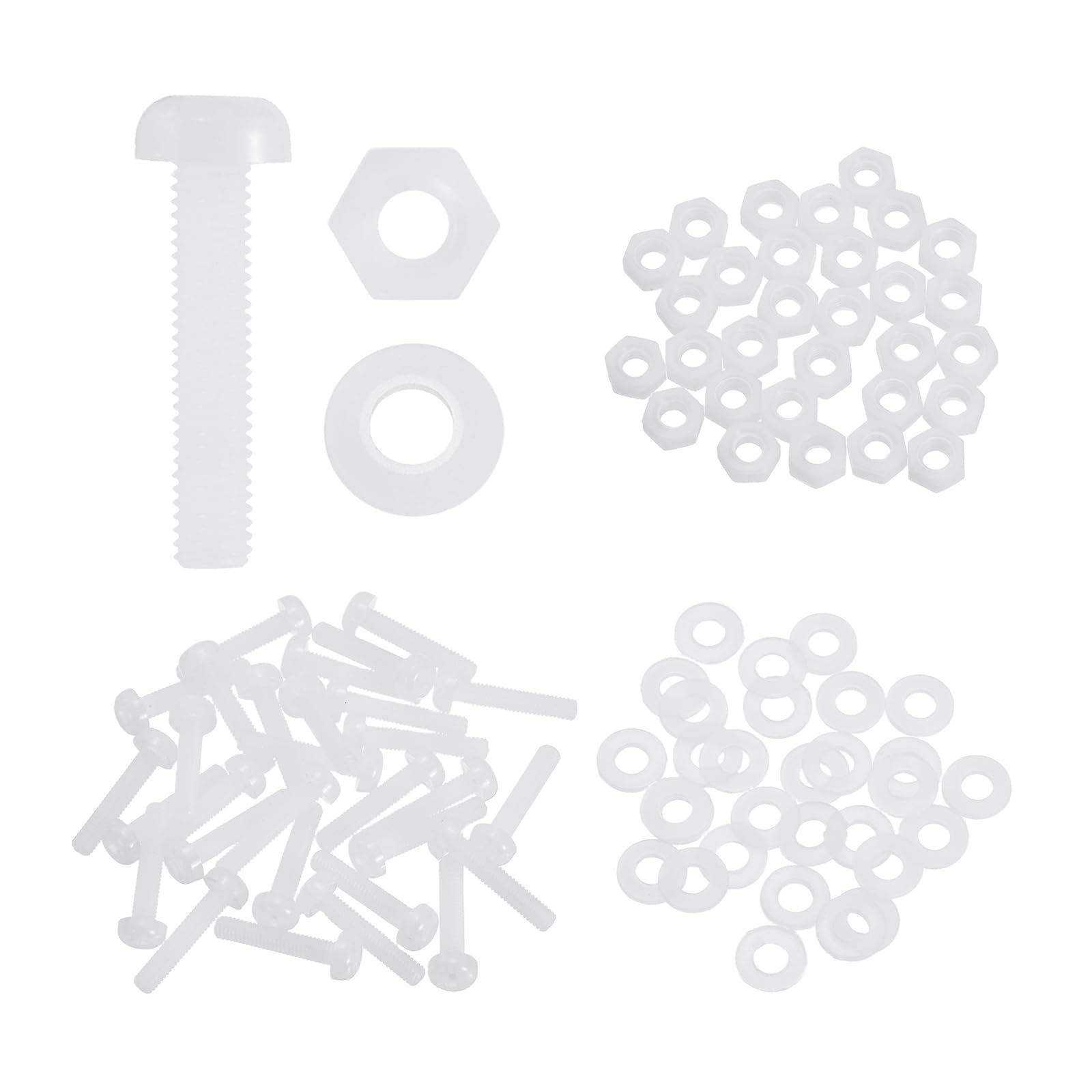 sourcing map 30 Set M3x15mm Nylon PA66 Plastic Cross Round Head Screw Phillips Bolts Hex Nuts Flat Washers Assortment Kit, Metric Full Thread Bolt Fasteners for DIY Machine Assembly, White