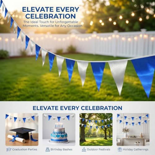 Image of 130FT Navy Blue Silver Triangle Pennant Banner Flag Metallic Fabric Bunting Garland for Christmas Graduation Birthday Wedding Bridal Shower Nautical Ahoy Achor Theme Party Decorations Supplies