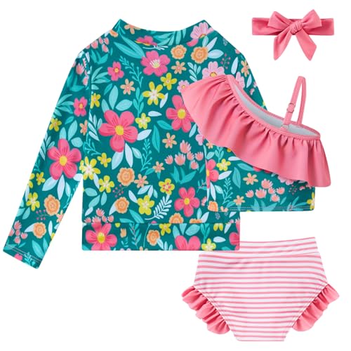 Image of Funnycokid Baby Toddler Girls Swimsuit 4 Piece Bathing Suit Long Sleeve Rash Guard Sets 12 Months-7 Years
